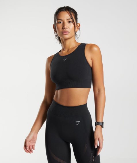 Women's Gymshark Warp Knit Cropped Tops Black | NZ 6QPJFO